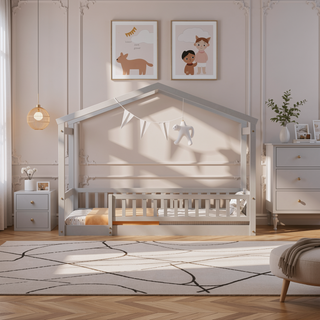 Sunvega Full Size House Bed Frame with Playhouse Fence and Roof for Kids