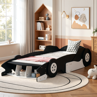 Sunvega Twin Size Race Car Platform Bed with Wheels and Safety Rails