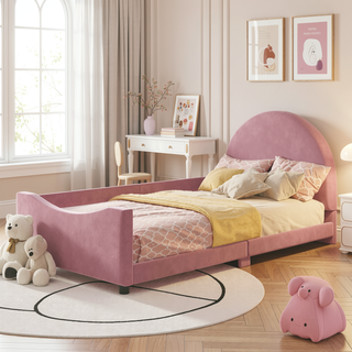 Sunvega Twin Size Upholstered Daybed with Stripe Headboard for Kids Bedroom