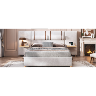 Sunvega Queen Size Upholstered Velvet Platform Bed with USB Charging Ports and Storage Shelves