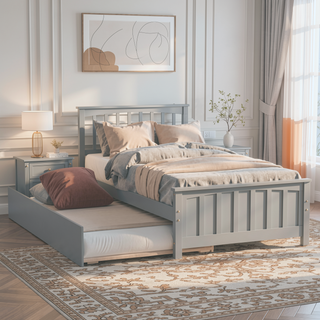 Sunvega White Twin Size Wood Platform Bed with Trundle for Maximized Space