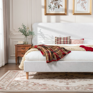 Sunvega Retro Modern Wavy Headboard Platform Bed with Upholstered Frame in Antique White