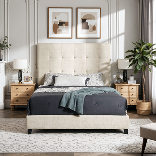 Sunvega Beige Upholstered Queen Size Platform Bed with Padded Headboard