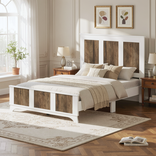 Sunvega White Farmhouse Queen Platform Bed with Wooden Strip Decoration and Plywood Slats