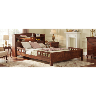 Sunvega Full Pine Wood Bed with Bookcase Headboard and LED Motion Sensor Light