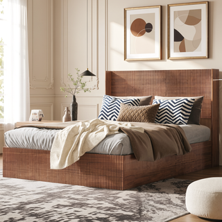 Sunvega Queen Wood Platform Bed Frame with Lift Storage and Chic Headboard
