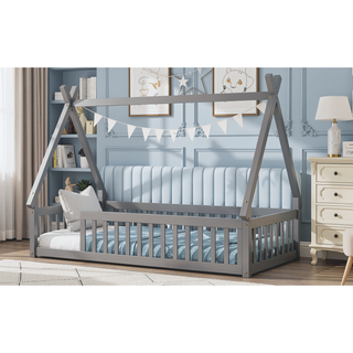 Sunvega Twin Tent Teepee Bed with Guardrails Slats in Grey