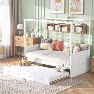 Sunvega Modern White Twin Size Canopy Day Bed with Trundle for Space Saving