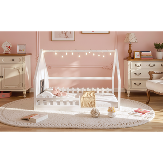 Sunvega Full Size Wood House Bed with Fence Window and LED Lights