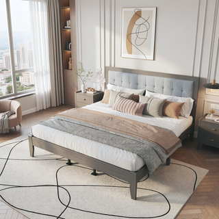 Sunvega Solid Wood King Bed with Upholstered Headboard in Grace Grey Finish