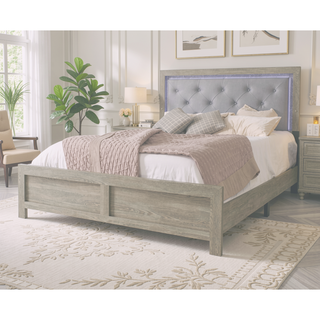 Sunvega Modern Beige Faux Leather Queen Panel Bed with Headboard Lighting