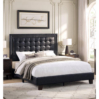 Sunvega Queen Size Bed with Biscuit Tufting Headboard and Wooden Legs in Black Espresso