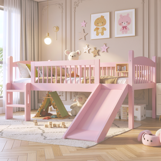 Sunvega Twin Loft Bed with Storage Shelves, LED Lights and Full Guardrails, Pink