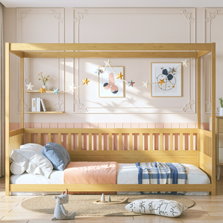 Sunvega Full Size Floor Bed with Canopy Design and Guardrails for Kids