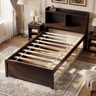 Sunvega White Twin Trundle Bed with Storage Headboard and Bookcase
