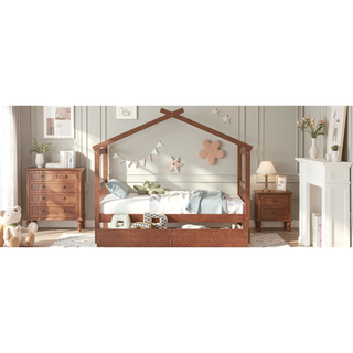 Sunvega Twin Size Wooden House Bed with Drawers and Headboard for Kids Room