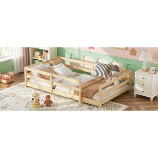 Sunvega Full Size Floor Bed with Fence for Kids Made of Sturdy Pine Wood