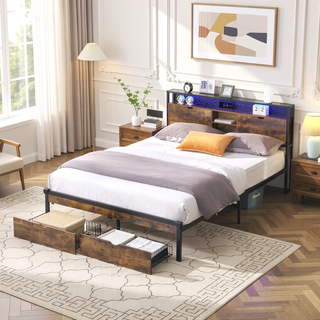 Sunvega Full Size Metal Platform Bed Frame with Wooden Headboard and Footboard
