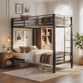 Sunvega Low Twin Over Twin Metal Bunk Bed Frame with Ladder and Guardrail