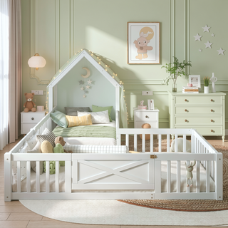 Sunvega Full Size House Floor Bed with Door and Full-Length Guardrails for Kids