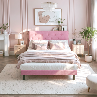 Sunvega Modern Upholstered Platform Bed Frame with Button Tufted Linen Headboard