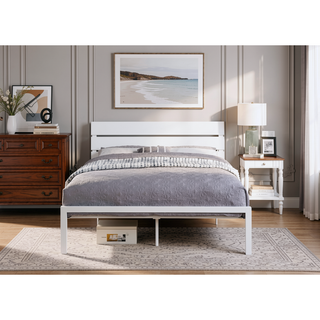 Sunvega White Metal Frame Queen Bed with MDF Headboard for Bedroom