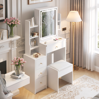 Sunvega Small Space Left Bedside Cabinet Vanity Table with Cushioned Stool