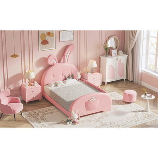 Sunvega Twin Size Upholstered Rabbit-Shape Princess Platform Bed with Headboard