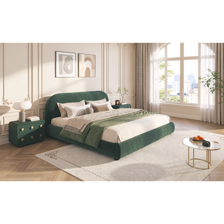 Sunvega Cream Upholstered Bed with Curved Headboard and Granular Fabric