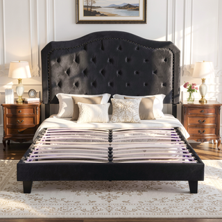 Sunvega King Size Upholstered Platform Bed with Button Tufted Linen Headboard