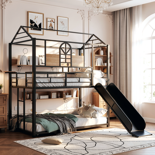 Sunvega Twin Over Twin Metal Bunk Bed With Slide And Playhouse Design For Bedroom