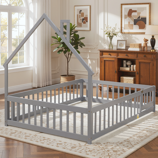 Sunvega Full Size House Shaped Headboard Floor Bed with Safety Fence Guardrails