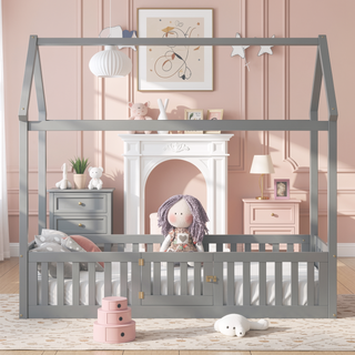 Sunvega Twin Size Wood House Bed with Fence Door and Distressed Washed Design