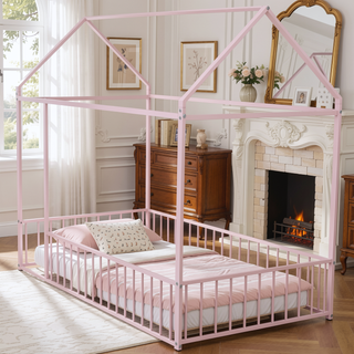 Sunvega Full Size Playhouse Metal Bed Frame with Fence for Kids and Teens