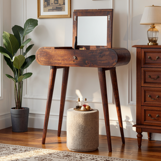 Sunvega Solid Mango Wood Mini Foldable Vanity Table with Mirror and Drawer