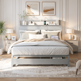 Sunvega Queen Size Metal Bed Frame with LED Light and Charging Station Headboard