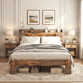 Sunvega Queen Wood Platform Bed Frame with Storage Headboard and 2 USB Ports