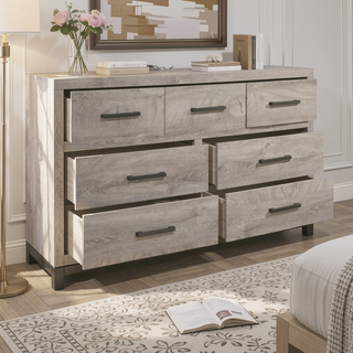 Sunvega Gray Finish 7-Drawer Dresser with Metal Bar Hardware for Bedroom