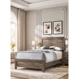 Sunvega Brown Cherry Finish Contemporary Fabric Panel Bed in One Box