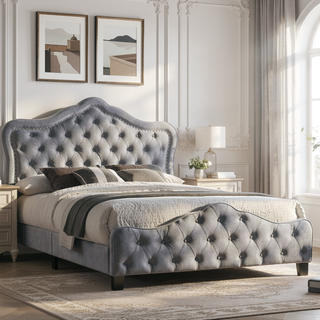 Sunvega Grey Velvet Upholstered Queen Panel Bed with Button Tufting and Chrome Nailheads