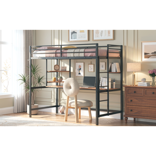 Sunvega Twin Metal Loft Bed with Desk and Shelf in Clean Painted Finish