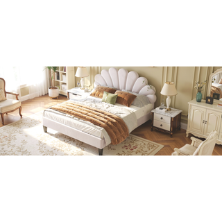 Sunvega Queen Size Upholstered Platform Bed with Flower Pattern Velvet Headboard
