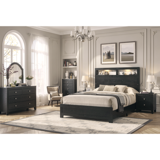 Sunvega Contemporary King Size Panel Bed Headboard with LED Sleek Sloping Design Black Finish