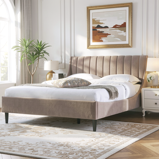 Sunvega Handmade Vertical Tufted Headboard Platform Bed Set in Light Beige Linen