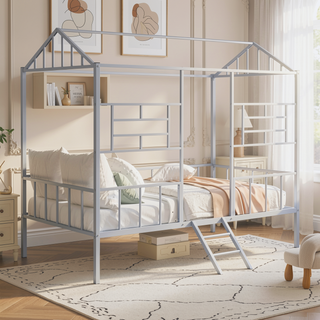 Sunvega Twin Bunk Bed With Full Metal Construction Angled Ladder And Gable Roof Frame