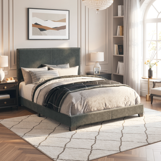 Sunvega Full Bed with Nailhead Trim and Solid Wood Legs in Modern Black Finish