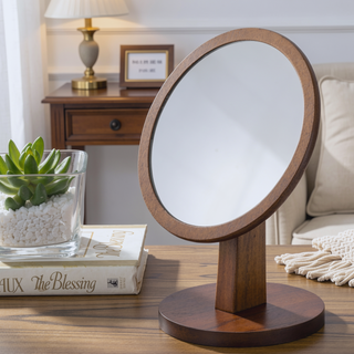 Sunvega 9.5 Inch Tall Walnut Finish Polyresin and Wood Pedestal Makeup Mirror