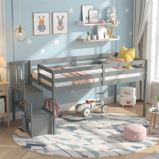 Sunvega Grey Pine Wood Loft Bed with Staircase and Storage Steps