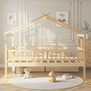 Sunvega Twin Size Wooden House Bed with Two Drawers and Headboard in White