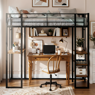 Sunvega Iron Frame Bunk Bed with L-Shaped Desk Stairs on Both Sides for Kids